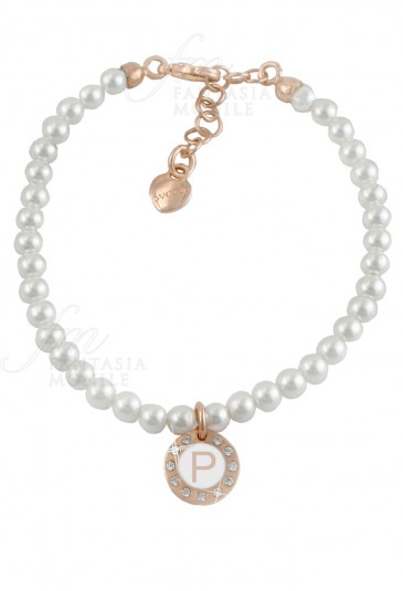 Bracciale Dvccio Perle Filo Singolo Rose Lettera P Smalto Bianco MDK0WFM