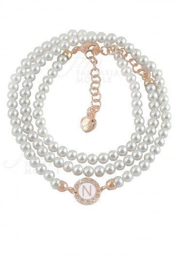 Bracciale Dvccio Perle Tre Fili Rose Lettera N Smalto Bianco BKI6FFM