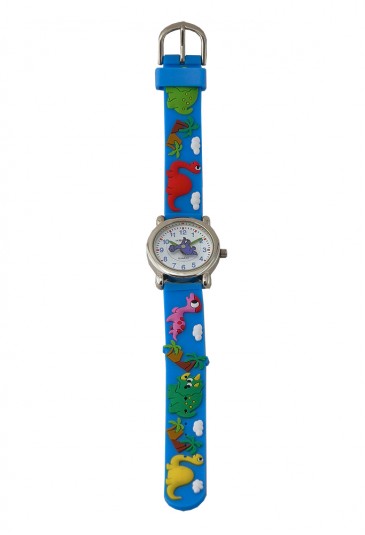 Orologio Bambino Da Polso Acciaio Cinturino Gomma Colore Celeste Disegno Dinosauri Lowell JP0550-7