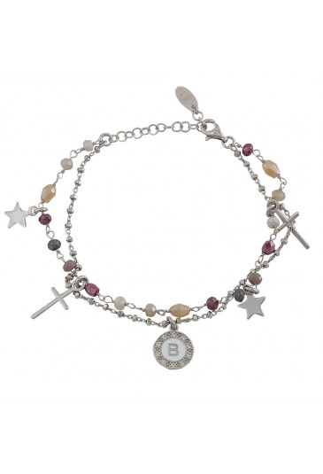 Bracciale Dvccio Donna Argento Due Fili Lettera B Pietre Rosa FIKEVFM