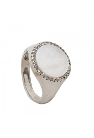 Anello Regolabile Madreperla Centrale Cristalli White Argento Misura 15 Fantasia Monile RI8R7FM