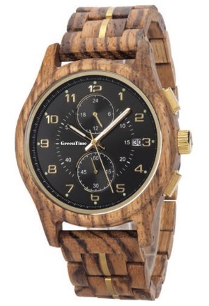 Orologio Legno Zebrano Cronografo Datario Quadrante Nero Uomo Green Time ZW196A