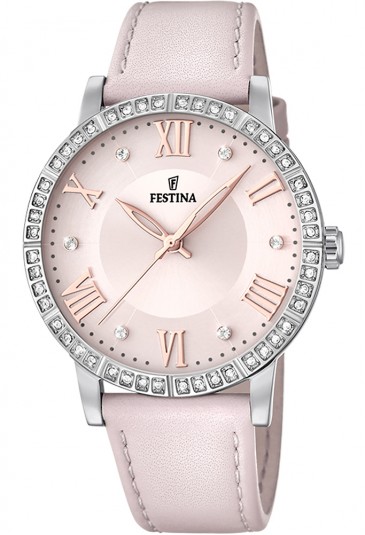 Orologio Festina Solo Tempo Quadrante Rosa Cristalli Bianchi Cinturino Pelle Donna F20412/2