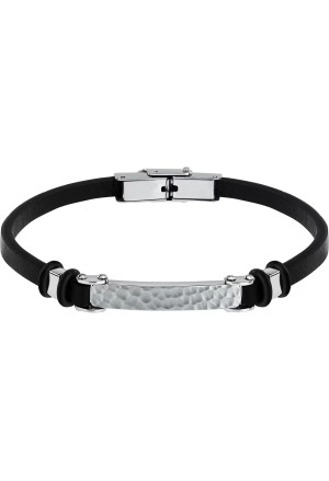 Bracciale Sector Collezione Bandy Cinturino Pelle Nera Placchetta Acciaio Martellato Uomo SZV112